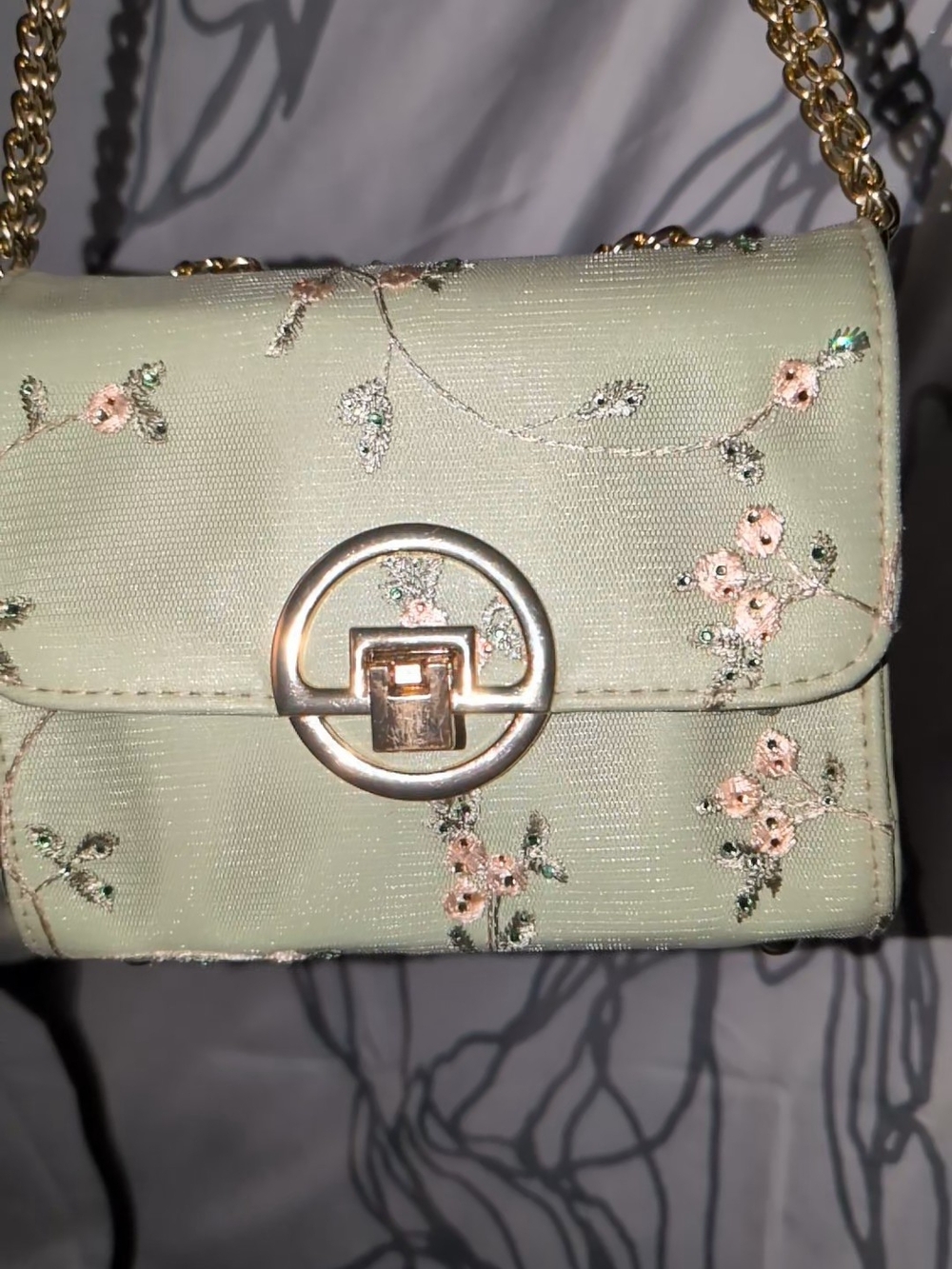 Mint Green Floral Embroidered Crossbody Bag with Gold Chain